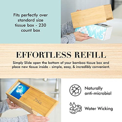 Design Tissue Box Holder, Modern, Minimalist, and Durable Wooden Bamboo Tissue Box with Sliding Bottom, Easy-Refill Premium-Quality Bamboo Tissue Box Cover, Fits 184-Count Box, Rectangular