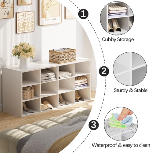 Shoe Storage Bench, Cubby Shoe Rack with 12 Cubbies, 3-Tier Wood Shoe Rack Organizer, Shoe Organizer Cabinet for Entryway, Hallway, Closet and Garage, White