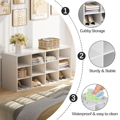 Shoe Storage Bench, Cubby Shoe Rack with 12 Cubbies, 3-Tier Wood Shoe Rack Organizer, Shoe Organizer Cabinet for Entryway, Hallway, Closet and Garage, White