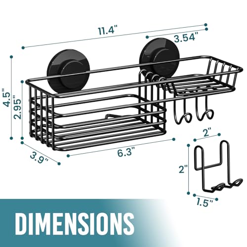 TAILI Shower Caddy Suction Cup with Hooks and Soap holder, Black | Heavy Duty Shower Organizer, No Drilling Bathroom Holder, Metal Storage Basket