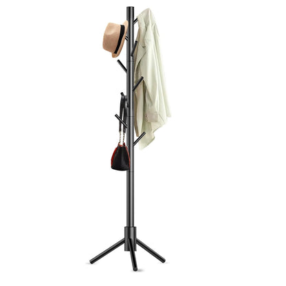 Wooden Coat Rack Stand, Freestanding Coat Rack with 8 Hooks, 3 Adjustable Size Coat Tree for Hats, Coats, Scarves bags, Coat Hanger Stand Used in Bedroom/Office/Entryway (Black)