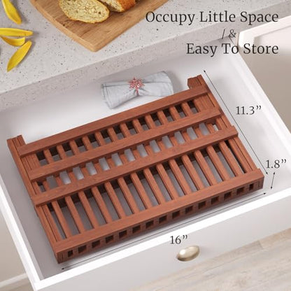 VERTORGAN Teak Dish Drying Rack,Folding Collapsible Drainer Plate Organizer Holder for Kitchen,Foldable Spice Rack for Countertop and Cabinet,Pantry Organization and Storage