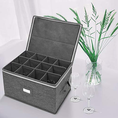 Stemware Storage Cases, Wine Glass Storage Box Containers for Crystal | Glassware Storage Containers Holds 12 Red or White Wine Glasses, Hard Top and Sides (Grey)