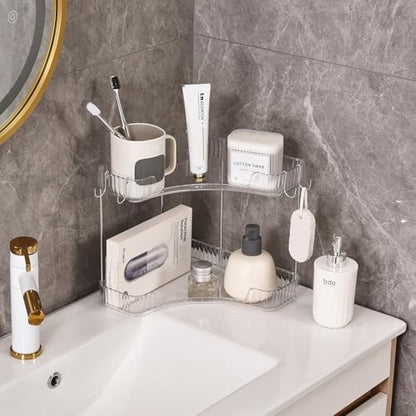 2-Tier Corner Bathroom Organizer Countertop with Hooks, for Makeup/Skincare | Bathroom Sink Corner Vanity Storage for Makeup, Skincare and Perfume (White Silver)