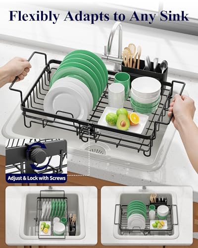 Kitsure Expandable in-Sink or Over-Sink Dish Drying Rack, Large, Black | Rust-Resistant Dish Rack for Kitchen Counter, Dish Drainer with Cutlery Holder, 10.82"-17.12" L x 11.02" W x 3.93" H