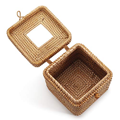 Rattan Square Tissue Box Cover, 5.7" x 5.7" x 5", Decorative Woven Facial Tissue Holder with Hinged Top Lid, Natural Color