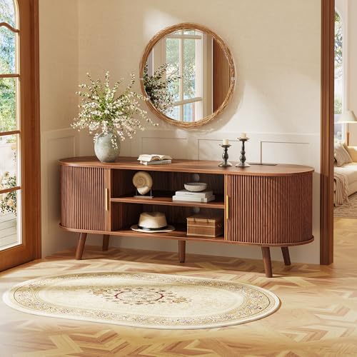 54 Inch Fluted TV Stand for TVs up to 55 Inch, TV Media Console with Power Outlets and USB-C Port, Entertainment Center with Storage, Curved Sliding Doors, Adjustable Shelf, Brown