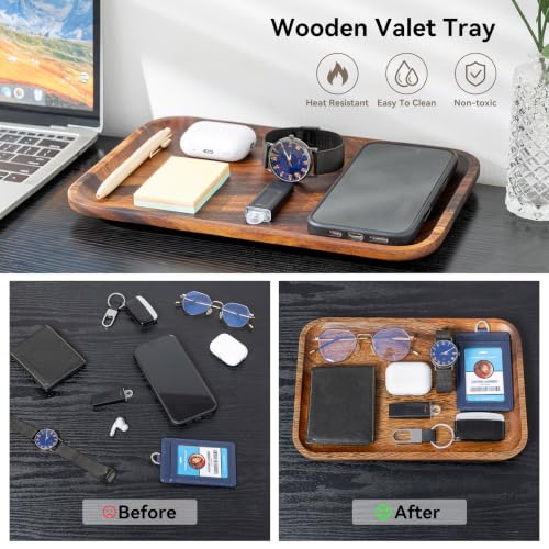 Serving Acacia Wood Valet Tray for Men Women, Catch All Acacia Mens Key Dump Bedside Nightstand Organizer EDC Decorative Wooden Tray for Phone Watch Wallet Keys Jewelry