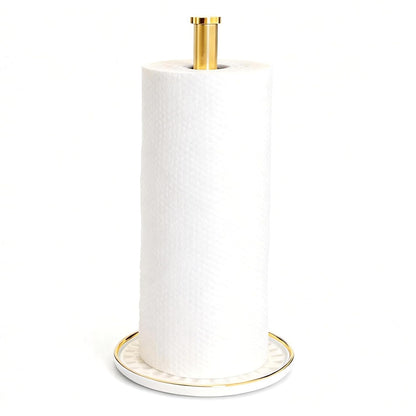 Paper Towel Holder Countertop,Kitchen Paper Towels Holder with Weighted Ceramic Base, Golden Paper Towel Holders for Standard and Large Size Rolls
