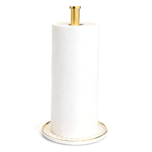 Paper Towel Holder Countertop,Kitchen Paper Towels Holder with Weighted Ceramic Base, Golden Paper Towel Holders for Standard and Large Size Rolls