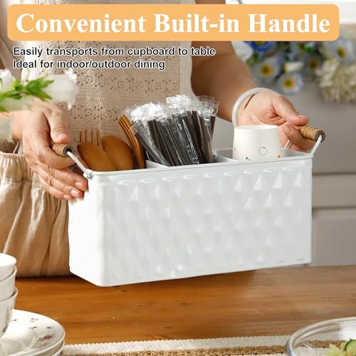 White Silverware Caddy for Party, Kitchen Flatware Holder | Metal Countertop Cutlery Organizer with 3 Compartments for Utensils, Spoons, Knives, Forks, Cups