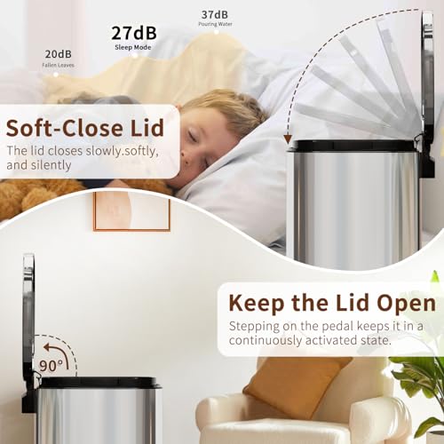PayLessHere | 13G Trash Can with Lid | Steel | Removable Inner Bucket | Made of Stainless Steel | Soft-Close Step Pedal | Hands-Free Use | Easy to Clean | for Kitchen, Office, Bathroom