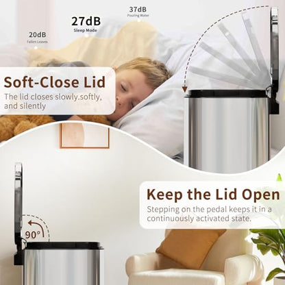 PayLessHere | 13G Trash Can with Lid | Steel | Removable Inner Bucket | Made of Stainless Steel | Soft-Close Step Pedal | Hands-Free Use | Easy to Clean | for Kitchen, Office, Bathroom