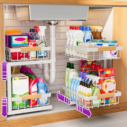 ADBIU Under Sink Organizer 2 Pack, Adjustable Height (11"-15.75") Under Cabinet Storage, 2 Tier Pull Out Sliding Drawers for Kitchen Bathroom, Heavy Duty Metal Shelf, White