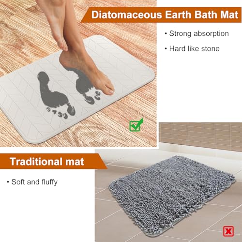 JUERLEN 2 Pack Diatomaceous Earth Shower Mat, Stone Bath Mat, Nonslip Super Absorbent Fast-Drying Hard Bath Mat for Bathroom Shower Floor, 24 x 16 inch, Grey and White Arrow Design