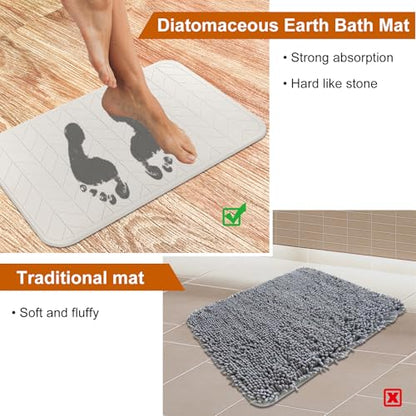 JUERLEN 2 Pack Diatomaceous Earth Shower Mat, Stone Bath Mat, Nonslip Super Absorbent Fast-Drying Hard Bath Mat for Bathroom Shower Floor, 24 x 16 inch, Grey and White Arrow Design