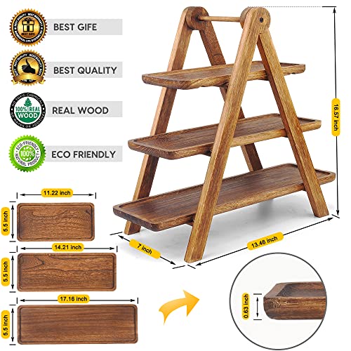 Wood 3 Tier Serving Tray Three Tiered Cupcake Stand, Rectangle Serving Platter Wooden Farmhouse Tiered Tray, Party Serving Brown Decorative Tray Decor