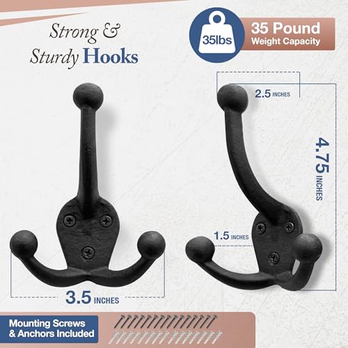 Cast Iron Tri Leg Coat Hooks (5 Pack) Wall Mounted Farmhouse, Decorative, Rust Proof for Exterior or Interior Wall Hooks, Vintage Hooks for Hanging Coats, Bags, Hats, Towels etc (Black)