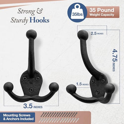 Cast Iron Tri Leg Coat Hooks (5 Pack) Wall Mounted Farmhouse, Decorative, Rust Proof for Exterior or Interior Wall Hooks, Vintage Hooks for Hanging Coats, Bags, Hats, Towels etc (Black)