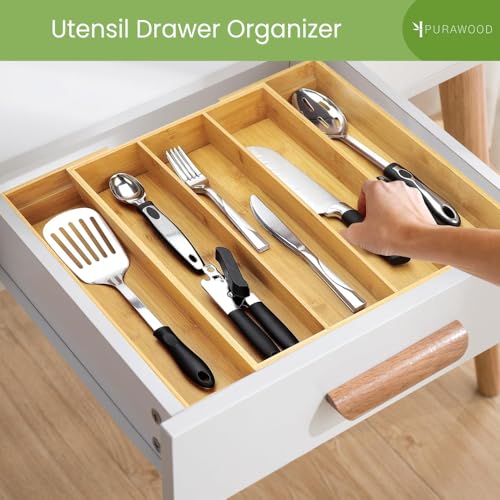 Purawood Kitchen Drawer Organizer, 2 Pack - Expandable Utensil Drawer Organizer for Kitchen, Cutlery Tray & Silverware Organizer, 3-5 Slots - Bamboo Organizer for Utensils & Flatware (Natural)
