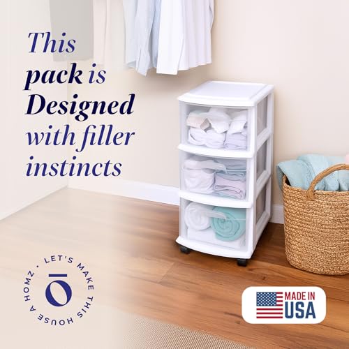 HOMZ 3-Drawer Storage Cart, Plastic Home, Dorm, & Office Organizer, White Frame | Plastic Organizer with Clear Bin Drawers for Bedroom, Bathroom, Home Office, and Dorm Rooms