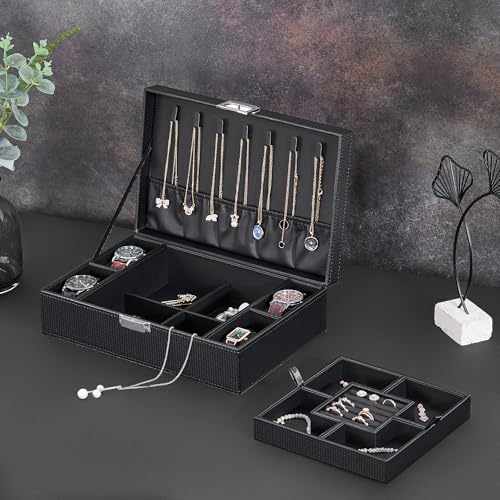 BEWISHOME Mens Jewelry Box Organizer, Jewelry Box for Men Women | with 4 Watch Case Removable Tray, Jewelry Display Storage Case, Carbon Fiber Design Earring Ring Bracelet Case, Black SSH07C