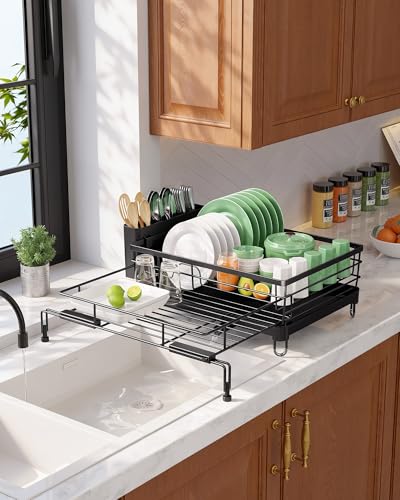 Kitsure Adjustable Dish Drying Rack, 15.6''-25.2''L × 16.9''W, Black | Large Dish Drying Rack, Rust-Resistant Dish Racks for Kitchen Counter, With Adjustable Support Legs, Cutlery Holder