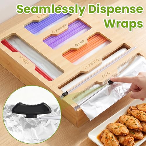 6-in-1 Magnetic Food Bag Storage Organizer for Drawer and Refrigerator, Bamboo Bag Organizer and Plastic Wrap Dispenser with Cutter, Fits Gallon, Quart, Sandwich, Snack Bags