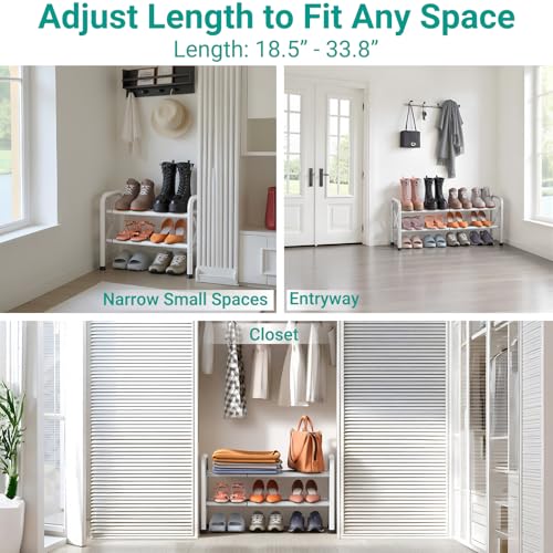 YEASHEIN 2-Tier Expandable Shoe Rack for Closet Floor, X-Frame - White | Metal Small Shoe Rack for Entryway, Adjustable Shoe Shelf Organizer, Free Standing Shoe Racks for Front Door Entrance, Garage