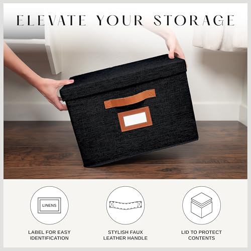 3 Pack Large Fabric Storage Boxes with Lids (15.75" x 11.25" x 11.25") - Decorative Bin with Lid, Label Holder, Faux Leather Handles - Large Storage Boxes for Organizing Clothes, Blankets - Black