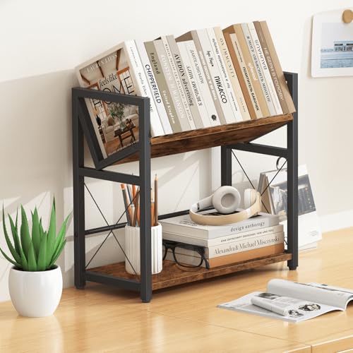 Desktop Bookshelf, 2 Tier Desk Shelf Organizer, Wooden Tabletop Bookcase, Small Desk Top Book Rack for Office, Home, Bedroom, Small Space Storage and Display, Rustic Brown