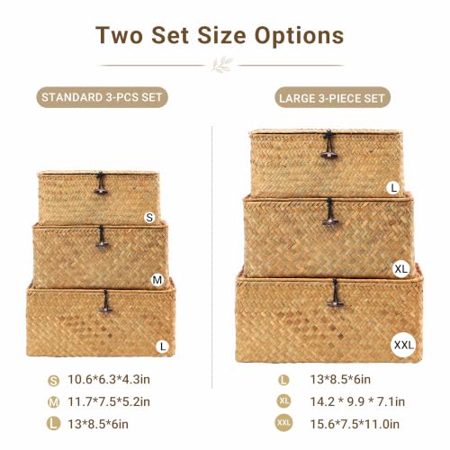 Nonam Storage Basket with Lid, Natural Seagrass Bin with Lid Set of 3, Shelf Baskets Multipurpose Container for Boho Decoration, Rectangular Household Storage Boxes for Home Organization-Natural