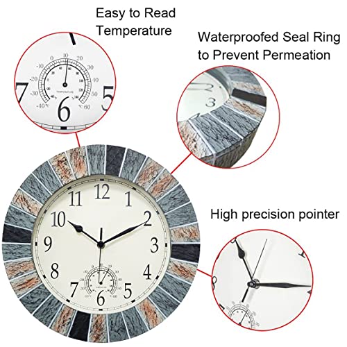 UMEXUS Outdoor Clocks for Patio Waterproof with Thermometer Combo, Brown | 13-in Weatherproof Wall Clock, UV Resistant, Silent, Battery Operated, Easy to Read for Patio Pool Garden Lanai Fence Porch