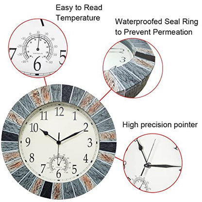 UMEXUS Outdoor Clocks for Patio Waterproof with Thermometer Combo, Brown | 13-in Weatherproof Wall Clock, UV Resistant, Silent, Battery Operated, Easy to Read for Patio Pool Garden Lanai Fence Porch