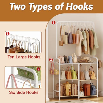 Large Capacity 3-Tier Purse Organizer for Closet, Double-Row Rack, 16 Hooks | 10 Top Hooks, 6 Side Hooks: Three shelves hold at least seven handbags per tier; the 11.5-inch depth fits narrow spaces