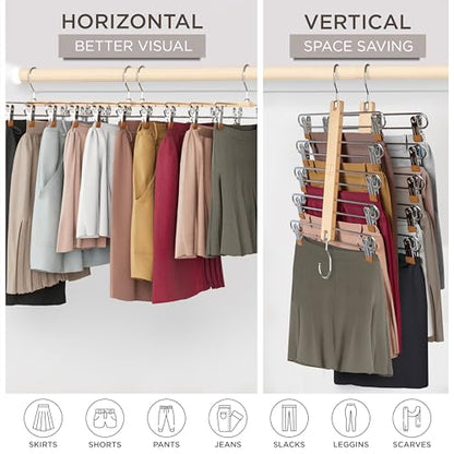 Skirt Hangers Space Saving with Clips - 2 Pack - European Beechwood 5-Tier Hanger for Shorts, Skirts, and Pants - Closet Organizer and Storage Solution for Women with 360° Swivel Hook