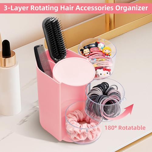 neotidy Hair Accessories Organizer with Hair Brush Holder, Rotating Hair Tie Product Organizer for Girls, 3-Tier Makeup Brush Holder for Clips, Bows & Brushes (Pink, 3-Tier)