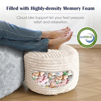 Stuffed Round Ottoman,Corduroy Pouf Ottoman Foot Rest,20 X 15 in,Beige | Memory Foam Filling,Pouf Storage Ottoman Footstool for Living Room,20 X 15 Floor Poufs for Couch,Footrest Only
