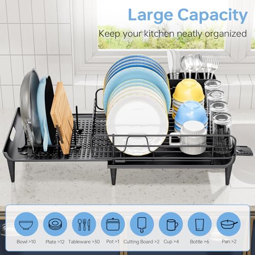 TOOLF Lagre Dish Drying Rack, Expandable Sink Dish Drainer, Black | Extendable 16.7" to 26.8", Stainless steel, Rust-proof, Fits Kitchen counter, Fast Drainage, Cutlery Holder, Space-Saving