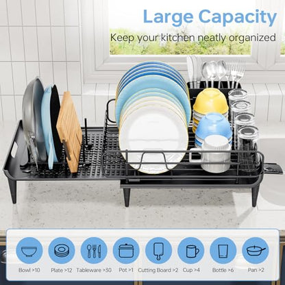 TOOLF Lagre Dish Drying Rack, Expandable Sink Dish Drainer, Black | Extendable 16.7" to 26.8", Stainless steel, Rust-proof, Fits Kitchen counter, Fast Drainage, Cutlery Holder, Space-Saving
