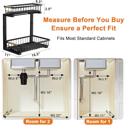 Under Sink Organizer, Adjustable 2 Tier Pull Out Kitchen Bathroom | cabinet organizer, 5 level adjustable, quiet sliding rails, dual suction and nano tape, no drill, rust resistant holds 50 lbs