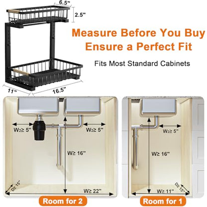Under Sink Organizer, Adjustable 2 Tier Pull Out Kitchen Bathroom | cabinet organizer, 5 level adjustable, quiet sliding rails, dual suction and nano tape, no drill, rust resistant holds 50 lbs
