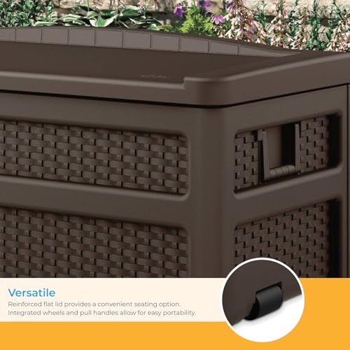 Suncast Durable 73 Gallon Outdoor Resin Storage Chest with Handles, Wheels, and Seat for Patio, Garden, or Pool for Indoor and Outdoor Use, Java