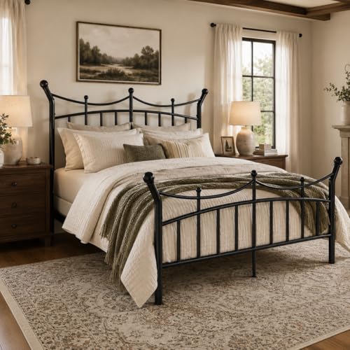SHA CERLIN 14 Inch Queen Size Metal Bed Frame, Victorian Crown Style Platform Bed Frame with Headboard and Footboard, 12.6" Under-Bed Storage, No Box Spring Needed, Noise Free, Easy Assembly, Black