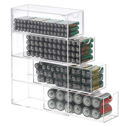 BTSKY Clear Acrylic Battery Storage Organizer for AA, AAA, 9V, C Batteries | 4-Drawer Storage Box Battery Holder Organizer for Common Types Batteries, Household Container, 1 Pack(Batteries Not Included)