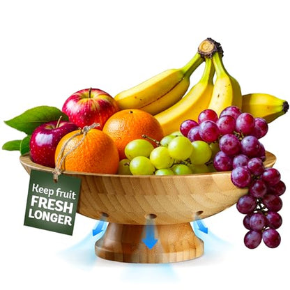 Wooden Fruit Bowl for Kitchen Counter, Bamboo Pedestal Fruit Basket, Vented | Keeps Produce Fresh Longer, Airflow Holes Reduce Trapped Moisture, Anti Slip Base, Holds Bananas and Vegetables, Frutero