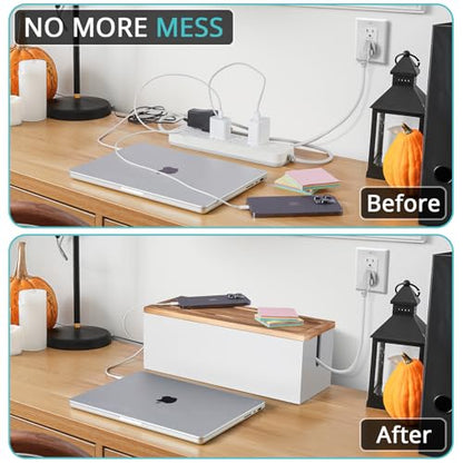 Large Cable Management Box, Wooden Cord Organizer Box for Desk, Floor, Office to Hide Extension Cords Power Stripes Surge Protectors Chargers Wires, White