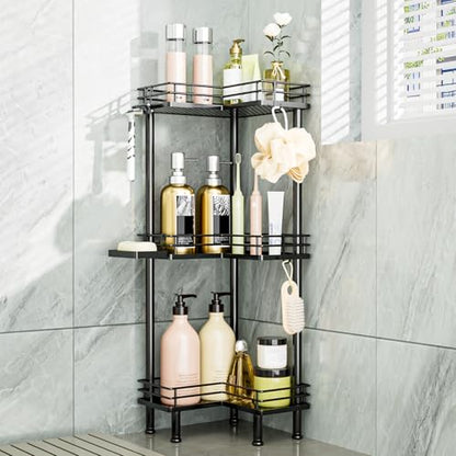 Corner Shower Caddy Standing - 3-Tier Stainless Steel Shower Organizer with Soap Holder and 4 Hooks, Large Capacity Corner Shelf Stand for Bathroom, Rest Room, Black