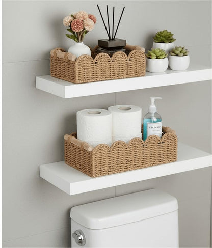 CubesLand Scalloped Toilet Paper Storage Basket for Over Toilet Shelves | Decorative Wicker Organizer Basket Perfect for Home Countertop Storage, Small Basket, Living Room Shelf Decor, Neutral