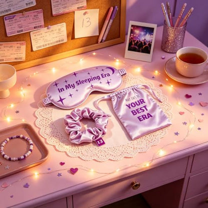 in My Sleeping Era 3Pc Lavender Satin Sleep Mask Gift Set for Music Fans | Era-inspired 13 Stars & Moon; Hidden 13 Scrunchie & Pouch; 360° Blackout; Soft Silky Satin; Post-Concert & Travel Use